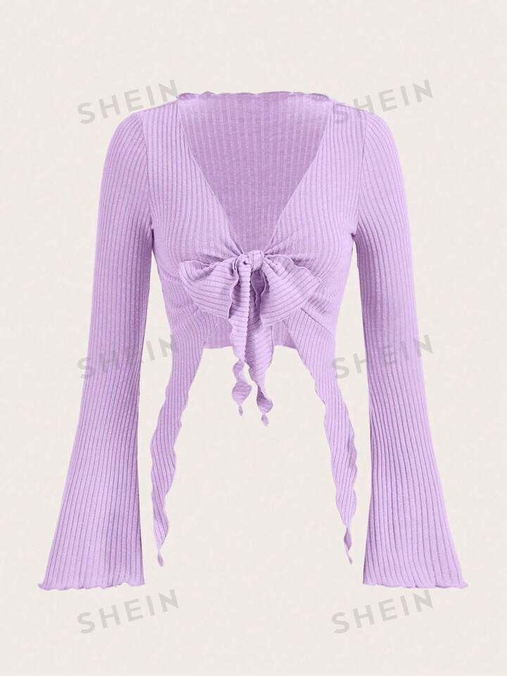 SHEIN ICON Tie Front Lettuce Trim Trumpet Sleeve Crop Top | SHEIN