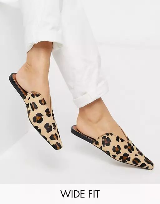 ASOS DESIGN Wide Fit Landing leather mules in leopard | ASOS (Global)