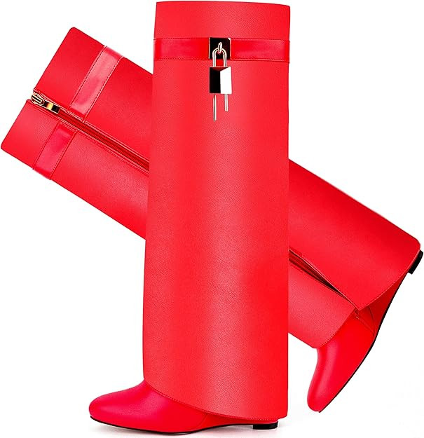 Fold Over Boots for Women Pointy Pull-on Wedge Heel Knee Shark Boot With Side Zipper Padlock Desi... | Amazon (US)