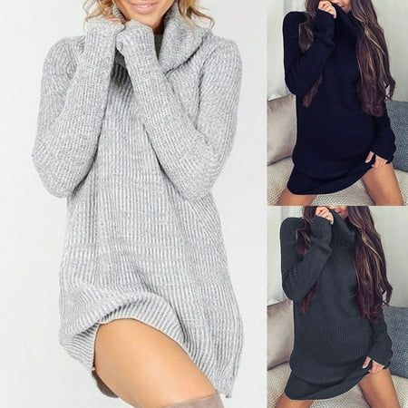Yesbay Women Solid Color Turtleneck Long Sleeve Casual Loose Knitted Sweater Dress,Grey | Walmart (US)