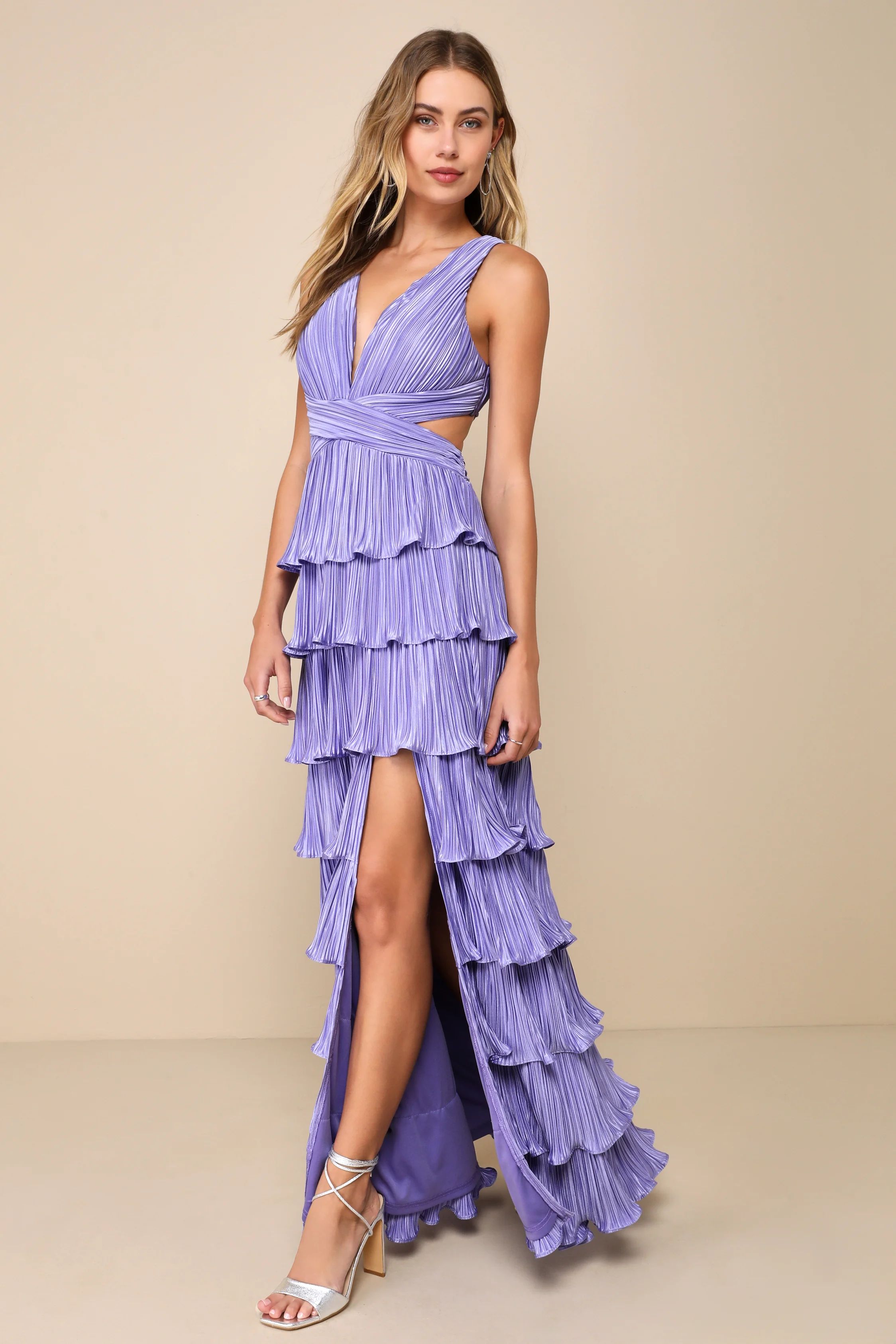 Beauty Icon Lavender Satin Pleated Tiered Lace-Up Maxi Dress | Lulus