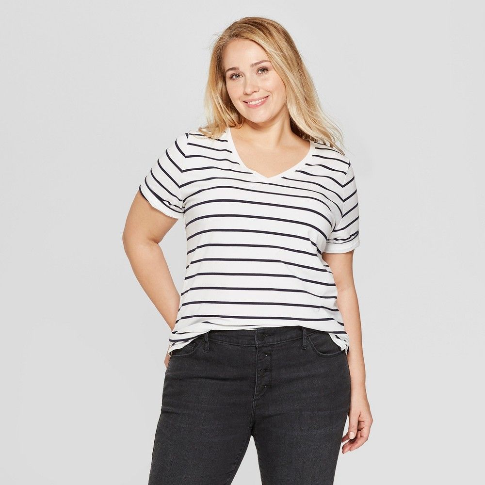 Women's Plus Size Striped Short Sleeve V-Neck Standard Fit Essential T-Shirt - Ava & Viv White/Navy  | Target