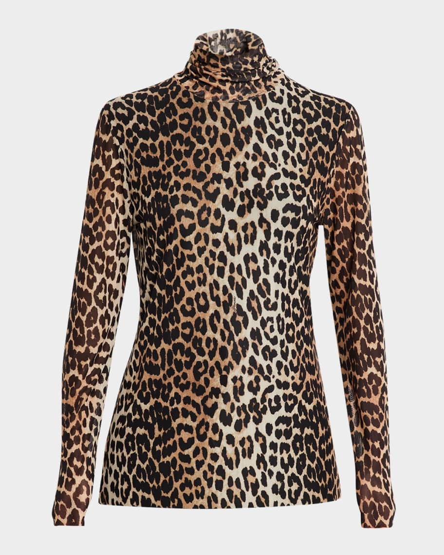 Long-Sleeve Leopard Mesh Turtleneck | Neiman Marcus