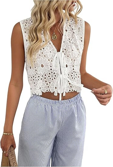 SHENHE Women's Tie Front Vest Lace Eyelet Embroidered Boho Crop Tank Summer Vacation Beach Top | Amazon (US)