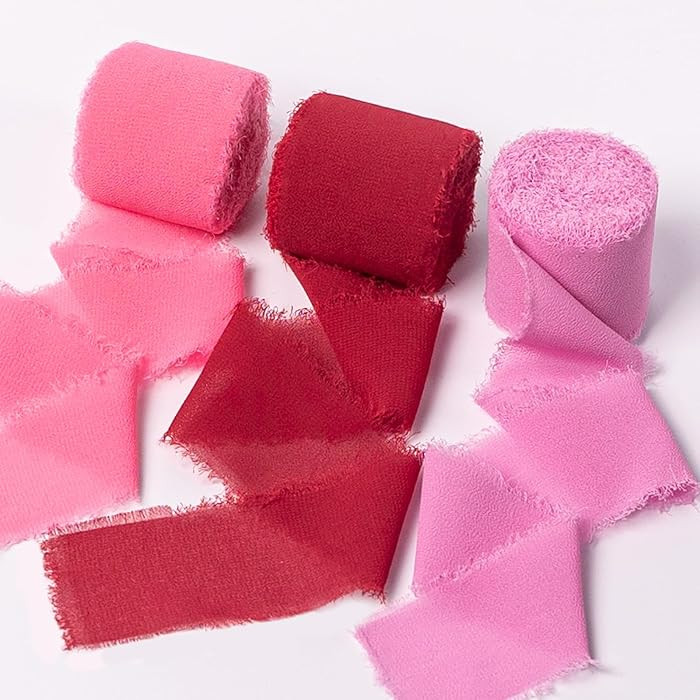 Chiffon Ribbon, Valentine's Day Party Decoration, 1.5''x21Yd Pink Red Frayed Fringe Handmade Silk... | Amazon (US)