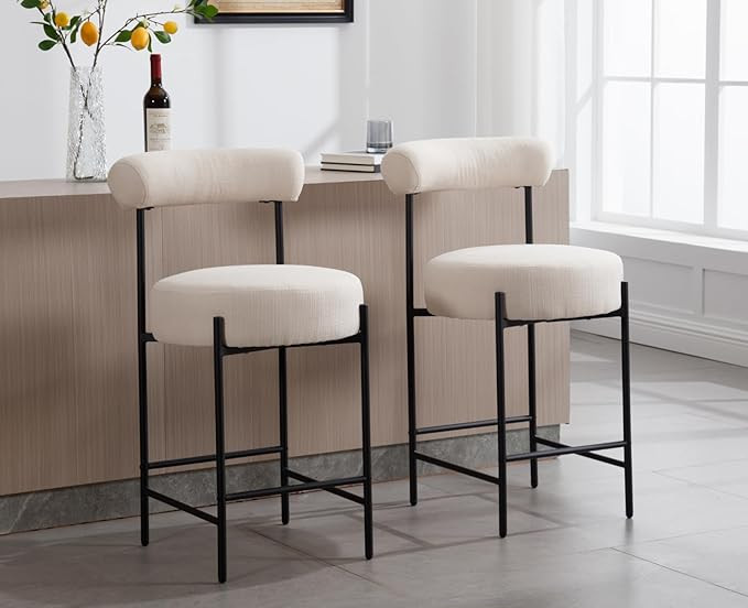 CIMOTA Modern Beige Bar Stools Set of 2, Upholstered Counter Height Bar Stools with Open Back Lin... | Amazon (US)
