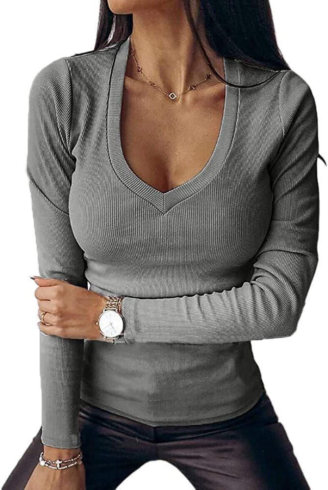Soulomelody Women Casual Deep V Neck Shirts Long Sleeve Ribbed Slim Solid Tunics Basic Tee Shirts... | Amazon (US)