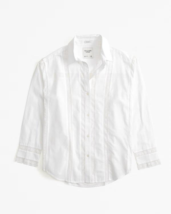 Oversized Lace-Trim Embroidered Button-Up Shirt | Abercrombie & Fitch (US)