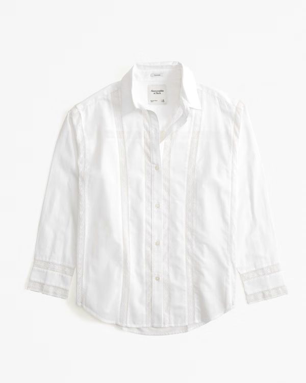 Women's Oversized Lace-Trim Embroidered Button-Up Shirt | Women's Clearance | Abercrombie.com | Abercrombie & Fitch (US)