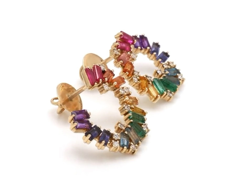 Rainbow sapphire emerald ruby diamond hoop earrings in 14k 18k gold | Natural rainbow baguette cut gemstone huggie earrings stud gold gift // Also Listing look for less!

#LTKstyletip #LTKGiftGuide #LTKFind