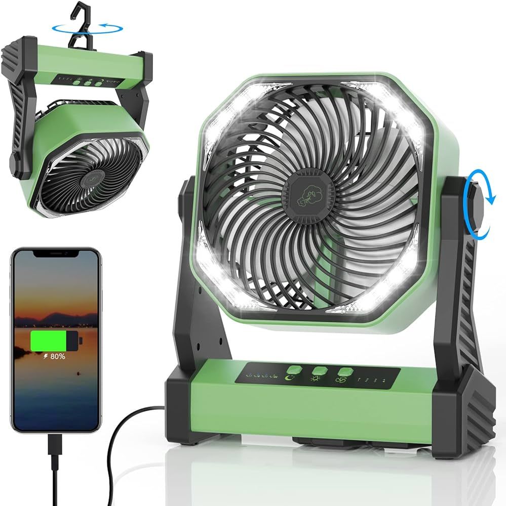 Camping Fan with LED Light, 20000mAh Rechargeable Battery Operated Camp Fan with Hook, 270° Pivo... | Amazon (US)