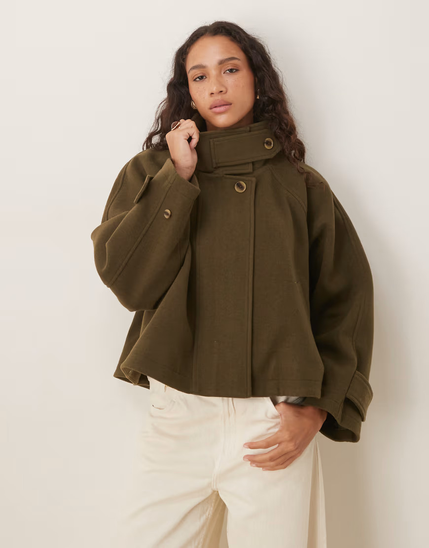 ASOS DESIGN cropped cape formal coat in olive-Red | ASOS (Global)