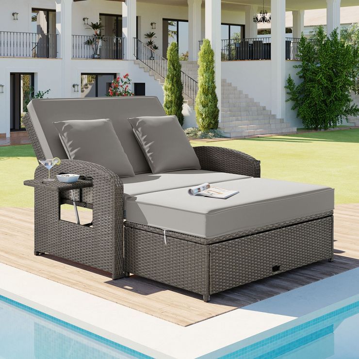 Patio PE Rattan Double Chaise Lounge, Reclining Daybed with Adjustable Back and Cushions-ModernLu... | Target