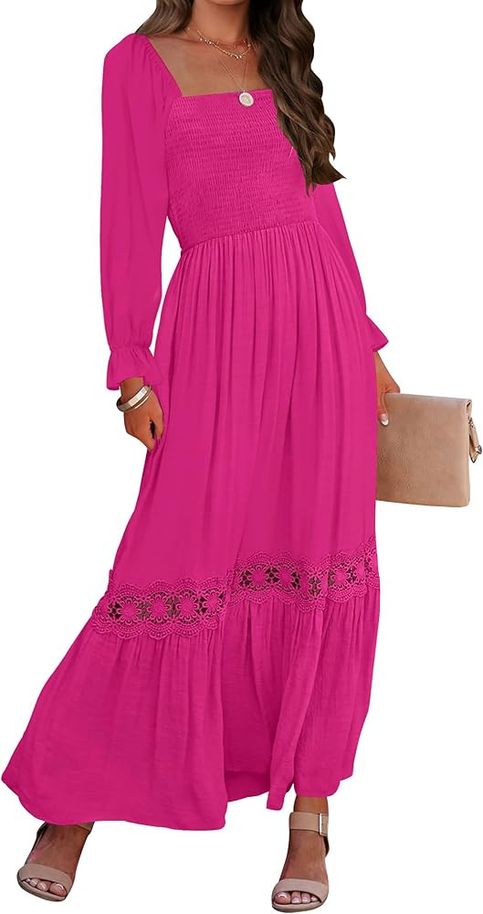 ZESICA Women's 2025 Boho Long Sleeve Square Neck Smocked High Waist Flowy A Line Lace Trim Maxi D... | Amazon (US)
