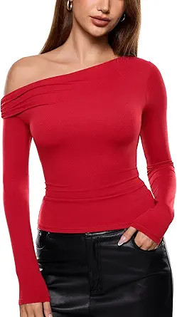 INLYRIC Women's Inbarely Seasons Off The Shoulder Double Lined Long Sleeve Tops Going Out Slim Fi... | Amazon (US)