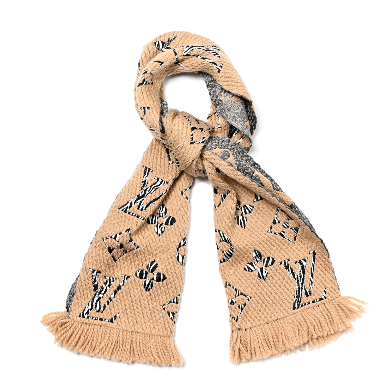 Wool Silk Monogram Giant Jungle Logomania Shine Scarf Beige | FASHIONPHILE (US)