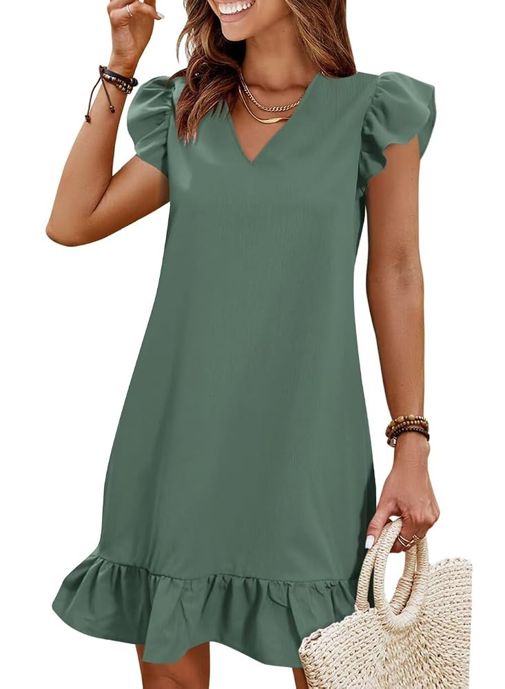 QACOHU Spring Summer Dresses for Women 2025 V Neck Cap Sleeve Ruffle Hem Smock Short Casual Beach... | Amazon (US)