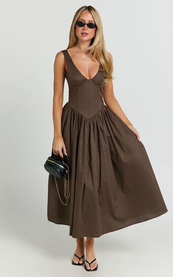 Beckett Midi Dress - Scoop Neck Drop V Waist Gathered Skirt Dress in Dark Chocolate | Showpo (US, UK & Europe)