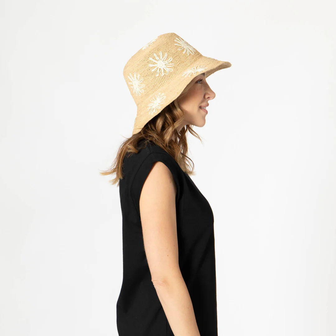Sol - Crochet Raffia Bucket with Embroidered Flowers | San Diego Hat Company