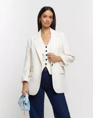 River Island Roll sleeve relaxed blazer in cream | ASOS (Global)