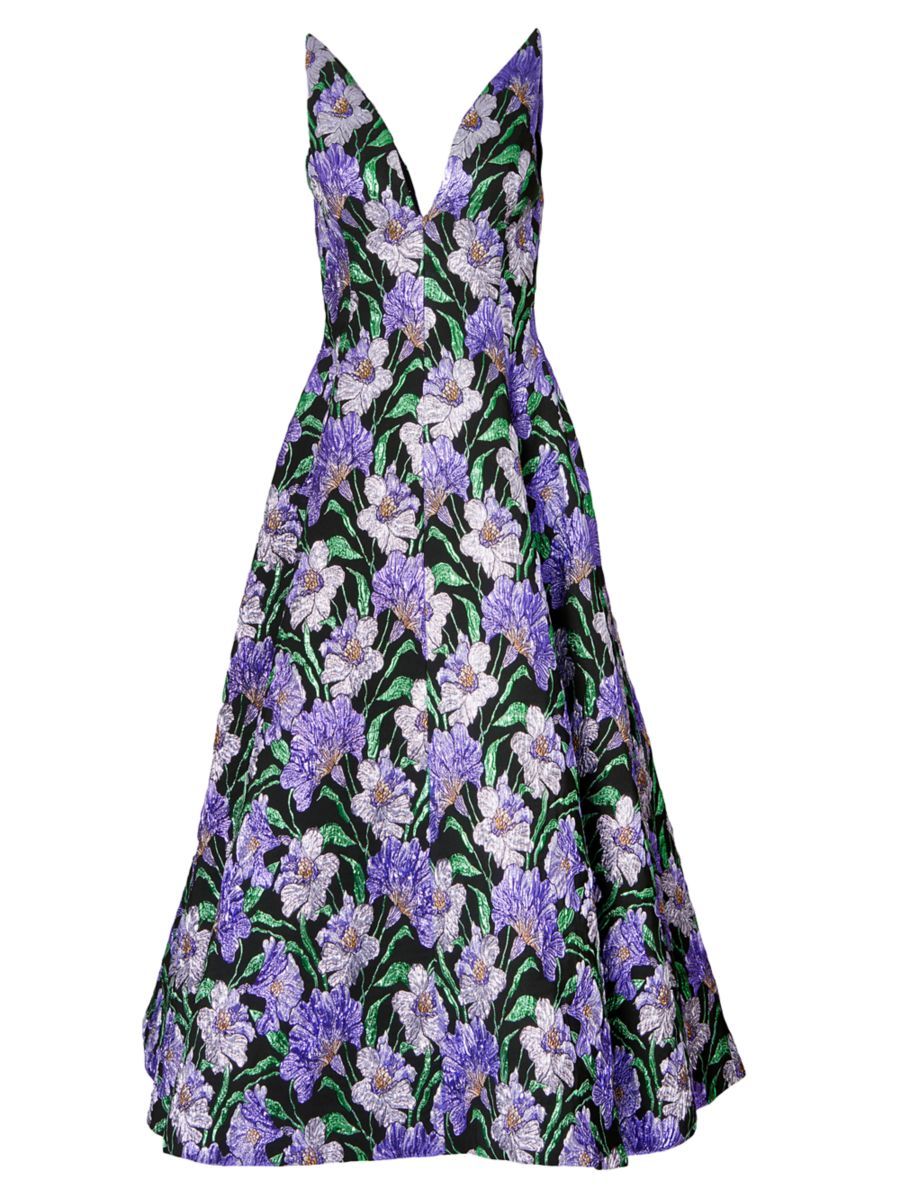 Carolina Herrera Metallic Floral Jacquard A-Line Dress | Saks Fifth Avenue