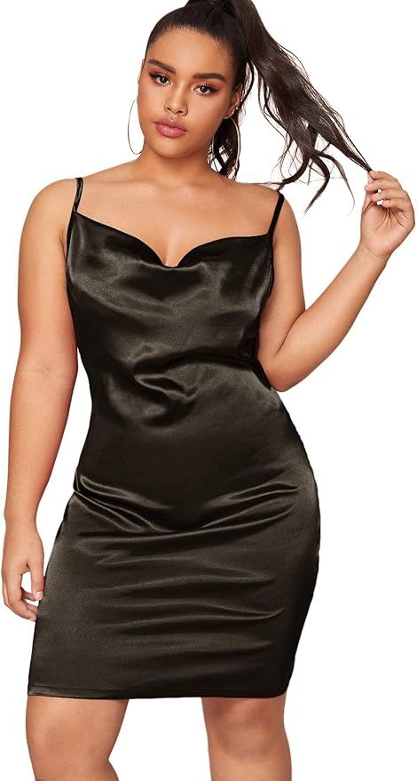 Romwe Women's Plus Size Sexy Satin Spaghetti Strap Cowl Neck Solid Party Cami Mini Dress | Amazon (US)