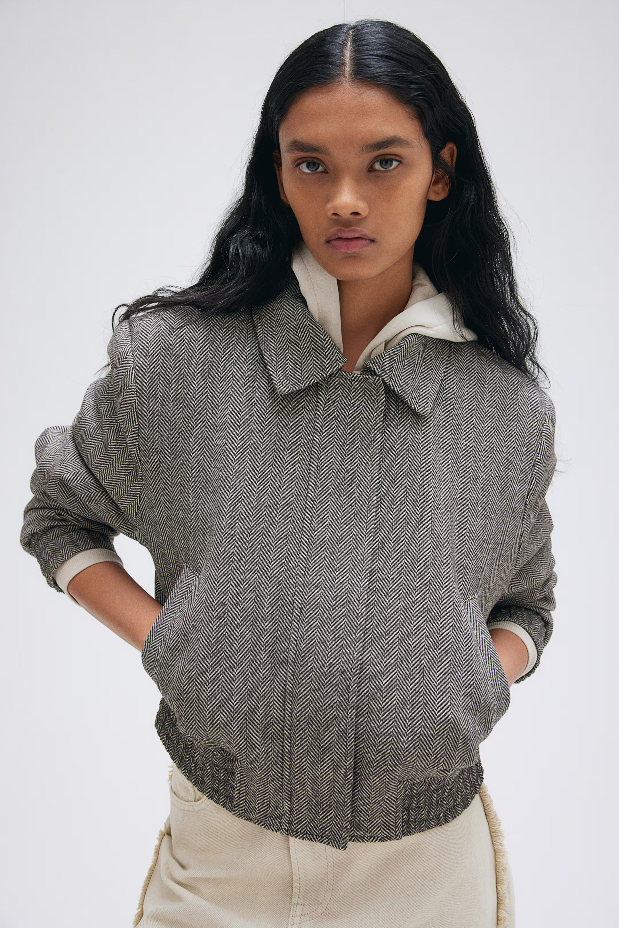 Bomber Jacket with Shoulder Pads - Gray/herringbone-patterned - Ladies | H&M US | H&M (US + CA)