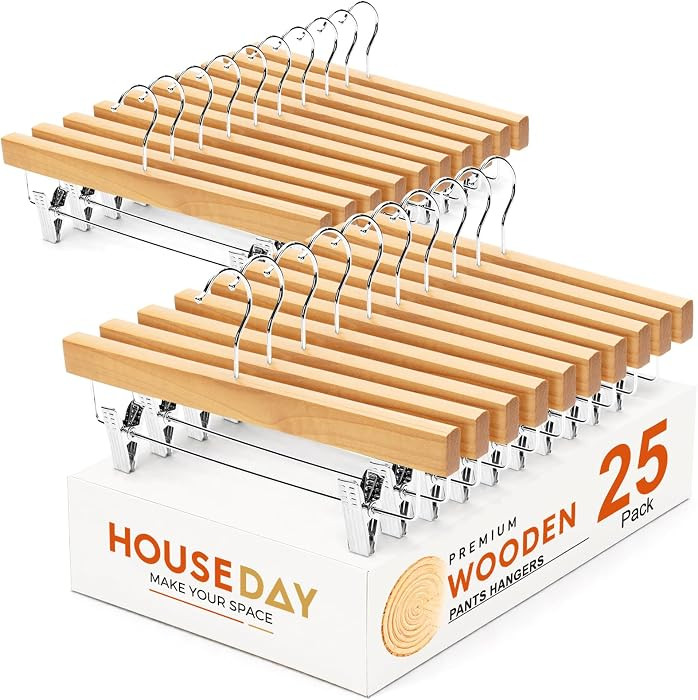 HOUSE DAY Premium Wooden Pants Hangers 25 Pack, Solid Lotus Wood Skirt Hangers with 2-Adjustable ... | Amazon (US)