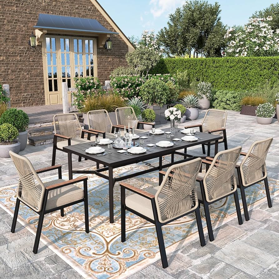 HERA'S HOUSE 9 Pieces Patio Dining Sets, Patio Table and Chairs for 8, 8 x Cushioned Woven Rattan... | Amazon (US)