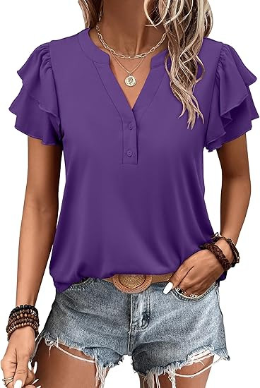 ANRABESS Womens Tops Dressy Casual Ruffle Short Sleeve V Neck Blouses Summer Button Down Business... | Amazon (US)