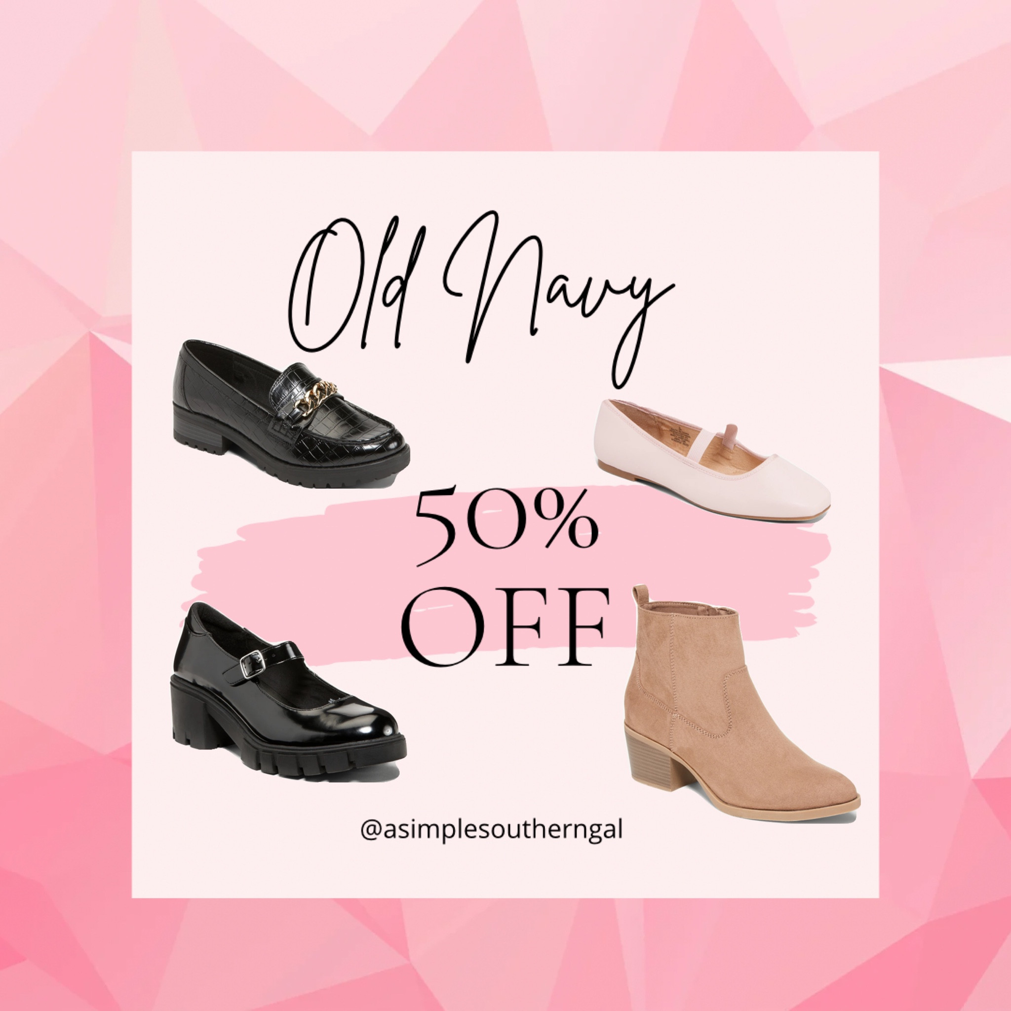 SALE! Last day to get 50% off at checkout! 
Old Navy shoes on sale! 

Flats
Mary Jane shoes
Booties
Boots
Loafers 
Platform shoes

#LTKstyletip #LTKshoecrush #LTKsalealert