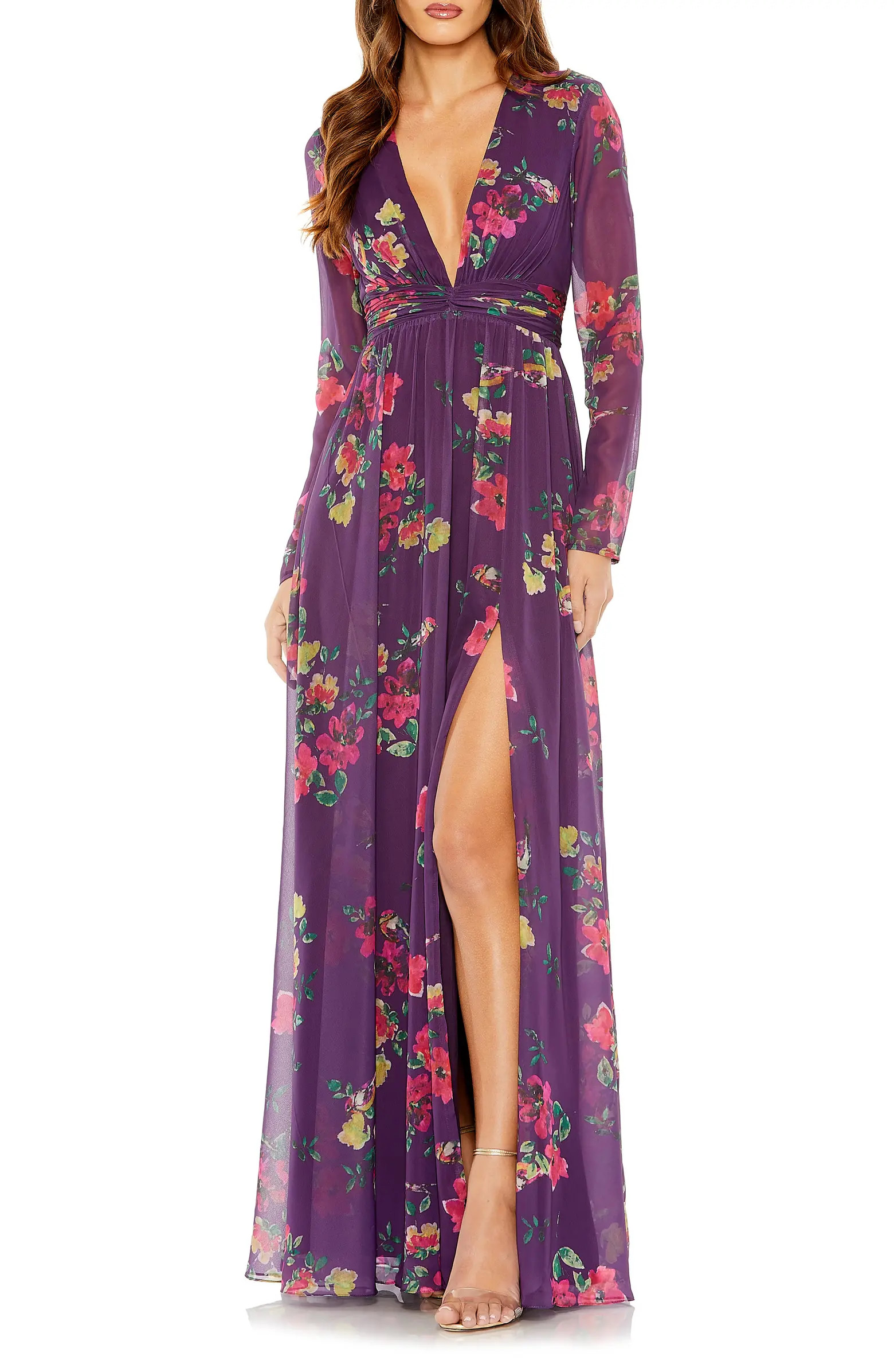 Floral Plunge Neck Long Sleeve Gown | Nordstrom