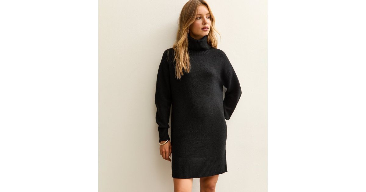 Black Midweight Knit Roll Neck Mini Dress | New Look | New Look (UK)