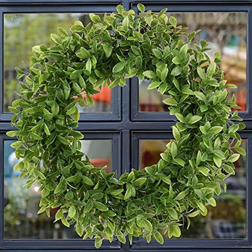 Artificial Green Leaves Wreath Boxwood Wreath Outdoor Farmhouse Greenery Wreath for Front Door Ho... | Amazon (US)