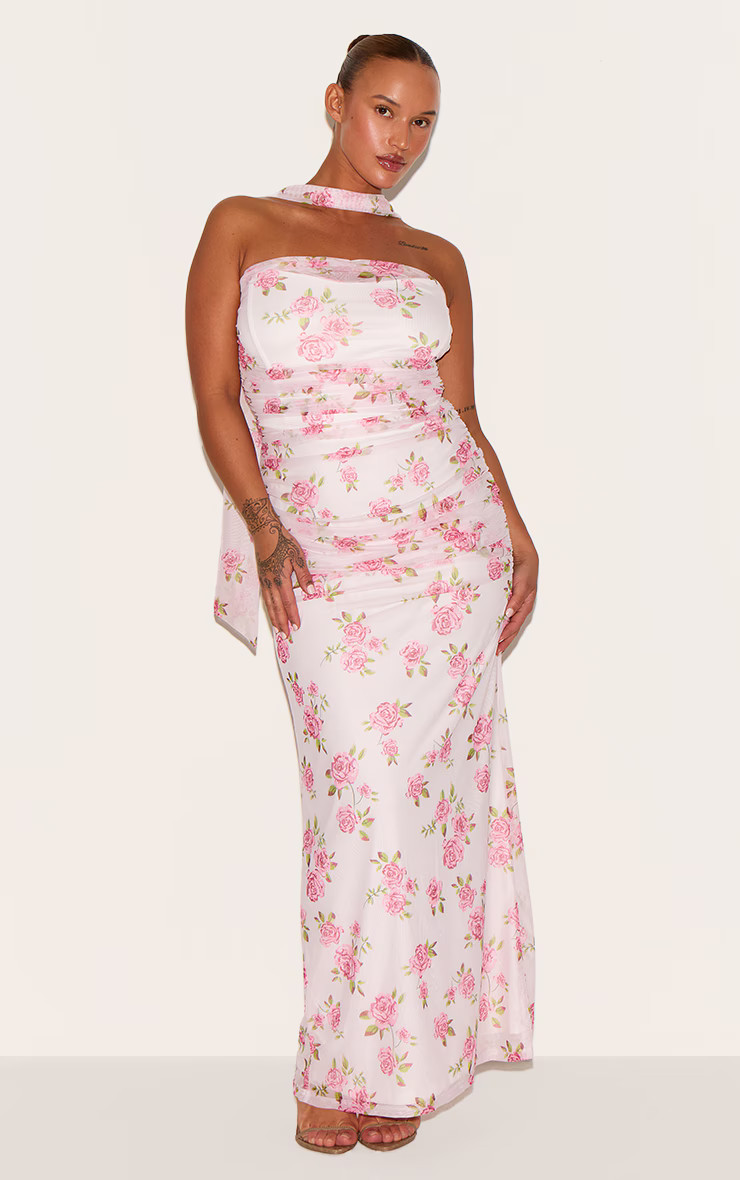 Plus Pink Floral Scarf Detail Ruched Maxi Dress | PrettyLittleThing US