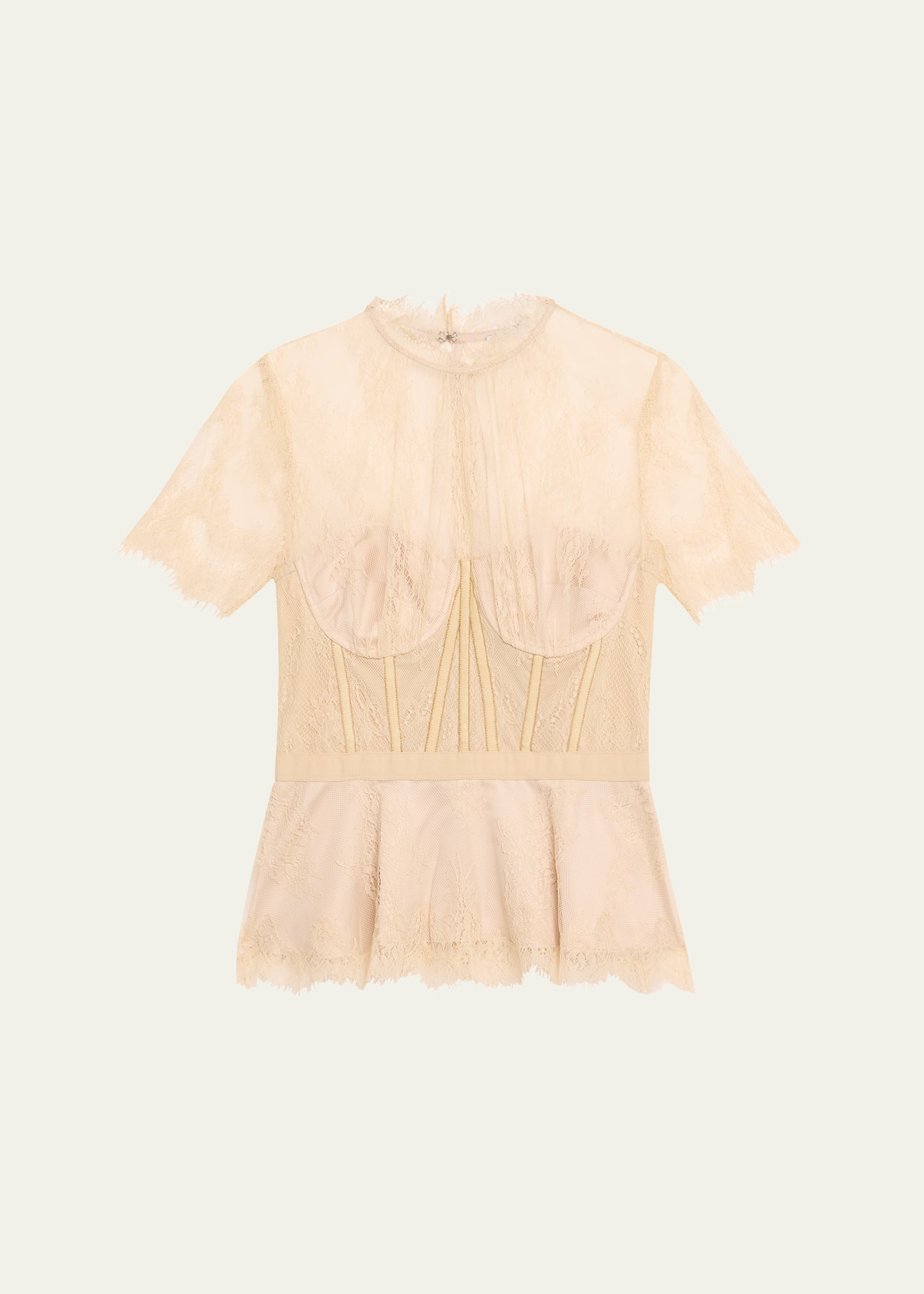 SIMKHAI Kehlani Sheer Lace Short-Sleeve Peplum Bustier Top | Bergdorf Goodman