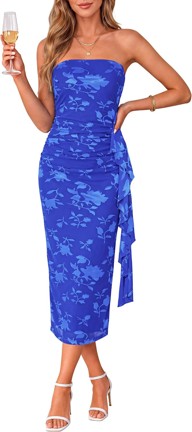 Simplee Womens Strapless Bodycon Velvet Floral Dress Midi Cocktail Dresses | Amazon (US)
