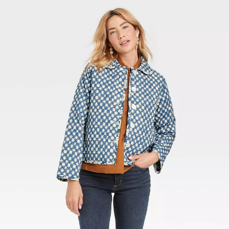 Women's Quilted Button-Front Jacket - Universal Thread™ Blue Ikat | Target