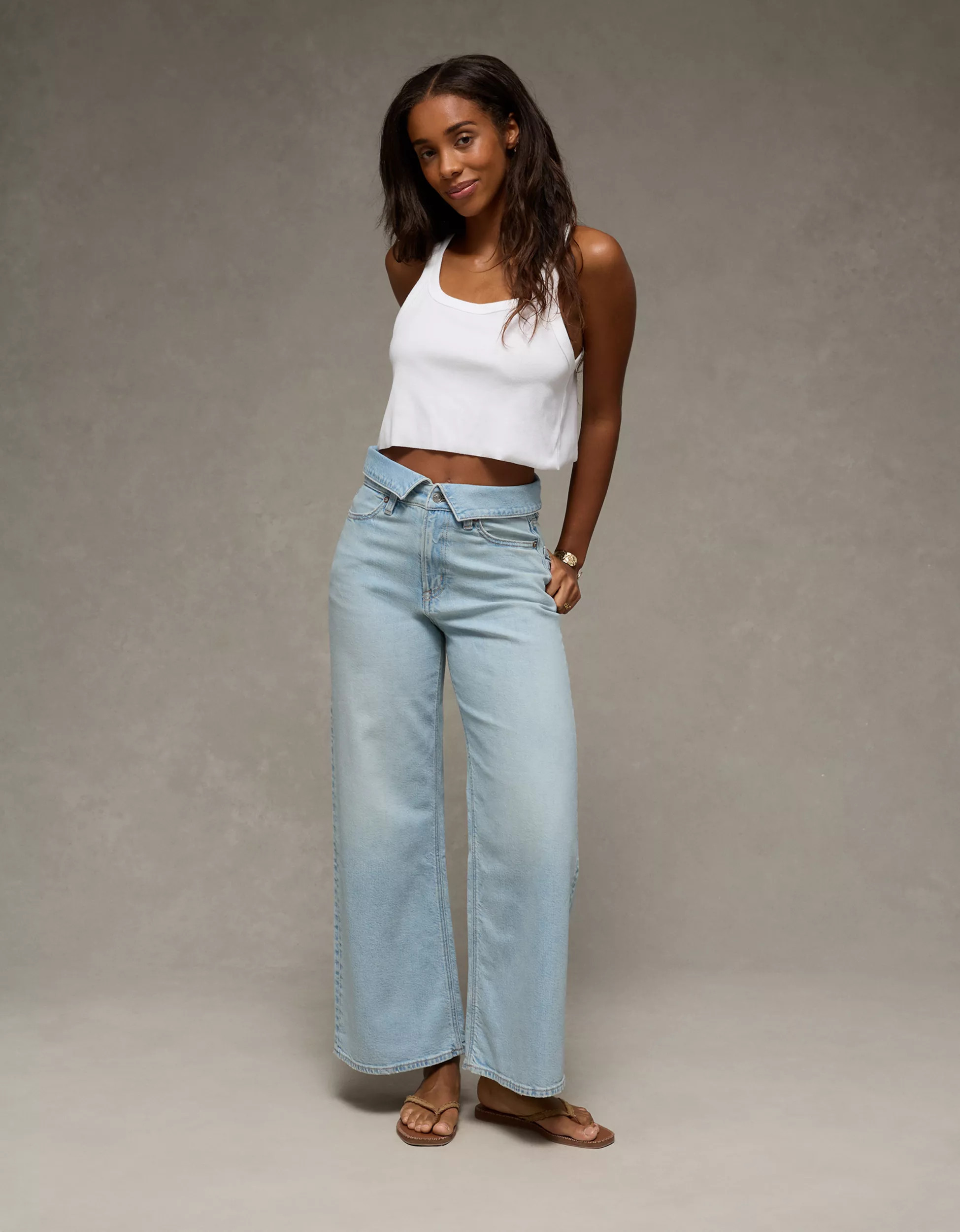AE Dreamy Drape Stretch Curvy Super High-Waisted Baggy Wide-Leg Jean | American Eagle Outfitters (US & CA)