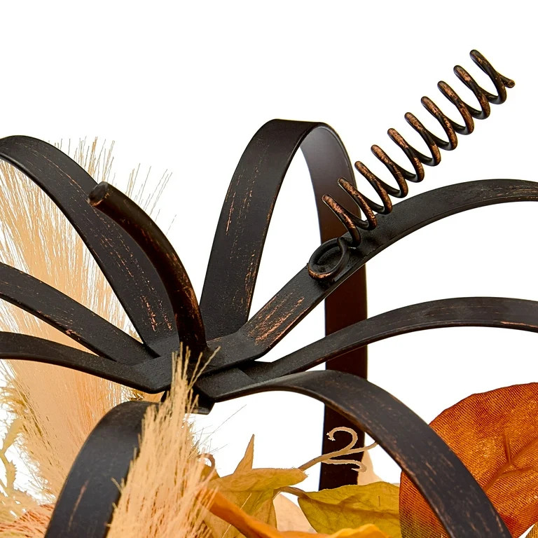 Metal Pumpkin with Fall Foliage Tabletop Decor, Orange & Cream, 10.5", Fall by Way To Celebrate | Walmart (US)