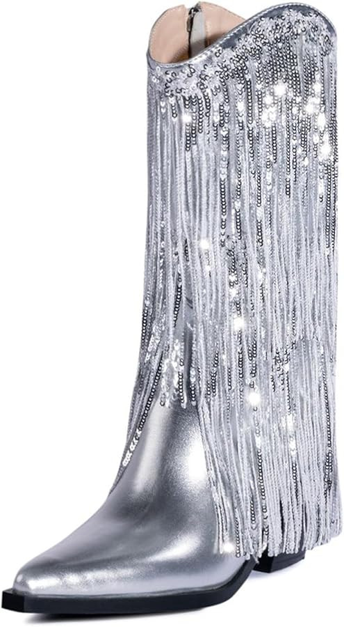 MUCCCUTE Women's Fringe Western Cowboy Boots Metallic Cowgirl Mid-Calf Boots Pointed-Toe Chunky B... | Amazon (US)