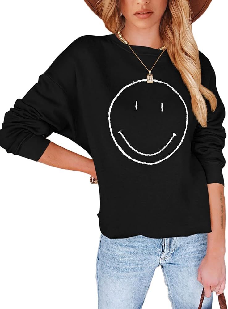Pepochic Womens Crewneck Happy Face Sweatshirt Casual Long Sleeve Smile Graphic Pullover Tops Shi... | Amazon (US)