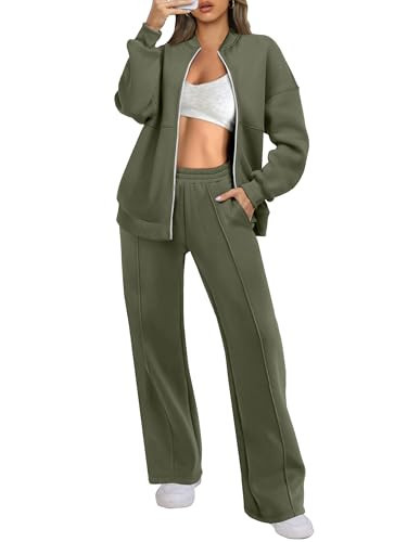 ANRABESS Women 2 Piece Outfits Lounge Set Oversized Zip Up Sweatshirt Jacket Sweatpant Matching Sweat Sets Winter Sweatsuits Army Green Large | Amazon (US)