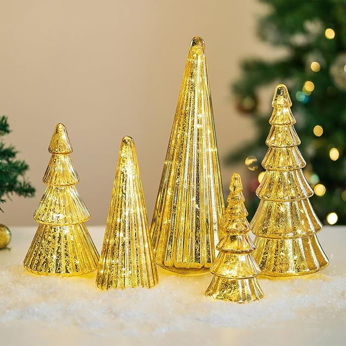 Hewory Gold Christmas Tree Decorations: Set of 5 Glass Table Top Christmas Trees with LED Fairy L... | Amazon (US)