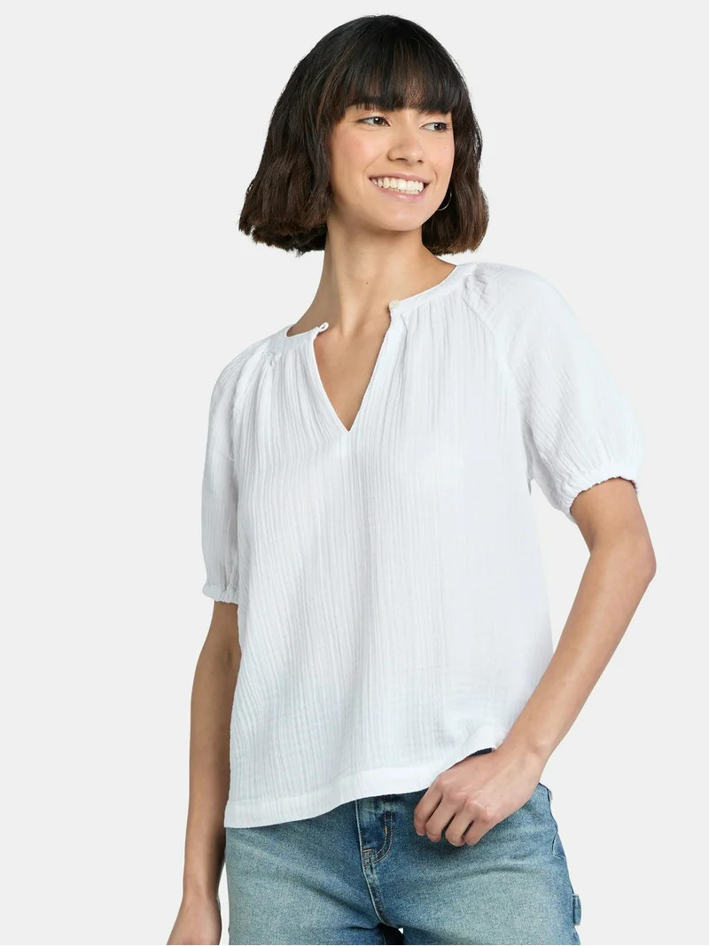 Time and Tru Women's Double Cloth Cotton Top with Short Sleeves, Sizes XS-XXXL | Walmart (US)