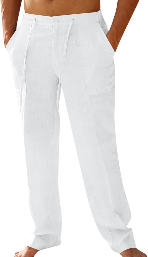 Runcati Mens Casual Pants Loose Fit Linen Elastic Waist Drawstring Pants Straight-Legs Summer Yog... | Amazon (US)