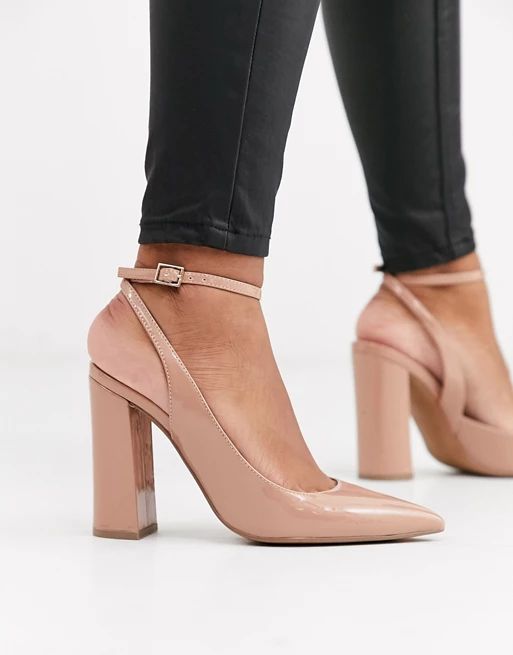 ASOS DESIGN Pace high block heels in beige patent | ASOS (Global)