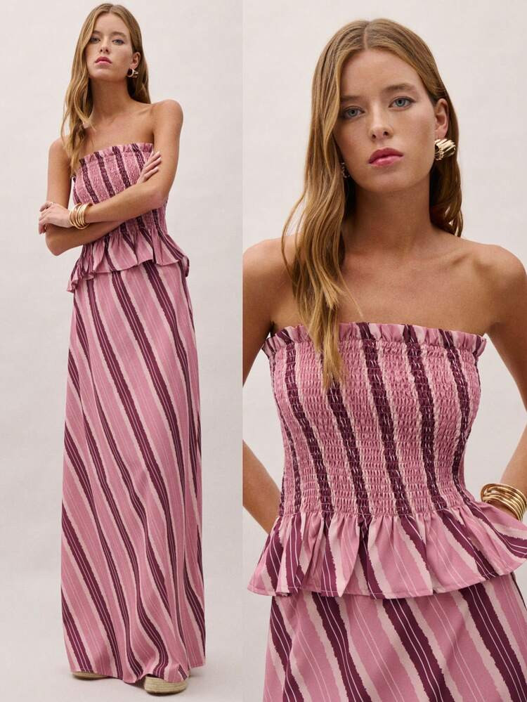 Nöista Two Pieces Coordinated Set Off Shoulder Strapless Striped Featuring A Smocked Bodice Top With Peplum Detail  Flowing Skirt. Summer Perfect For Vacations Casual Days Spring Beachwear Coverup Festival Coords.Luxury Going Out  Wedding  Party    Festival  Holiday | SHEIN