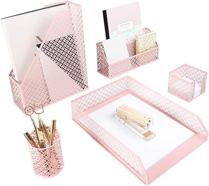 Blu Monaco Office Supplies Pink Desk Accessories for Women-5 Piece Desk Organizer Set-Mail Sorter... | Amazon (US)
