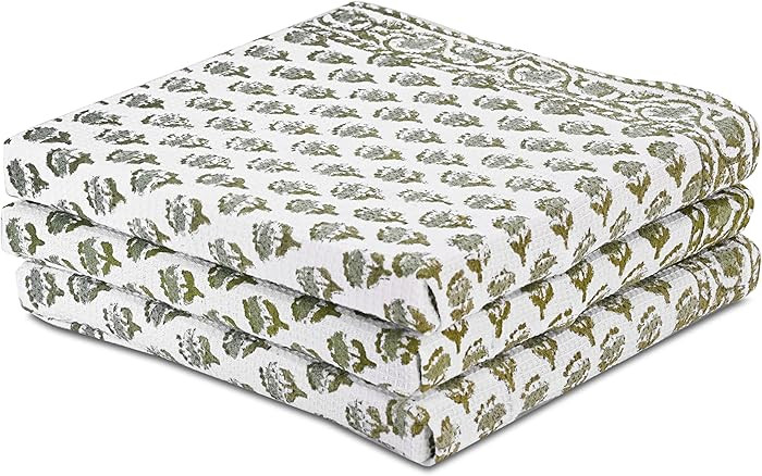 CPC Emerald Green Hand Block Print Waffle Kitchen Towel Set of 3-16 x28 Ultra Absorbent Quick Dry... | Amazon (US)